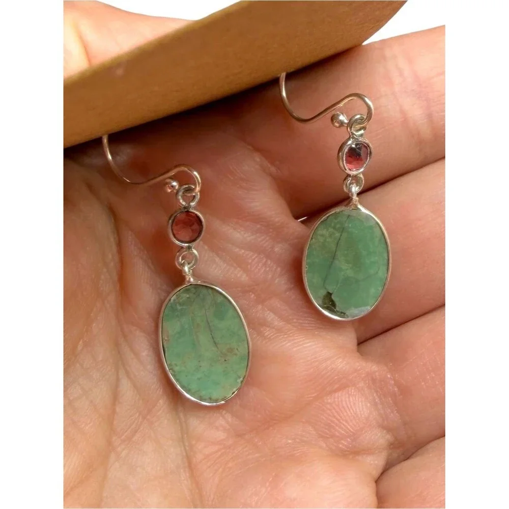 Aztec Mountain Turquoise & Garnet Earrings Solid 925 Sterling Silver Dangle Drop